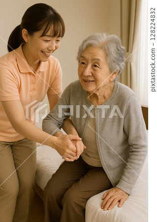 護理人員幫助老年婦女起床 護理人員幫助老年婦女起床 128224832