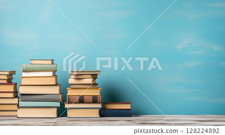 A stack of books . Blue background 128224892