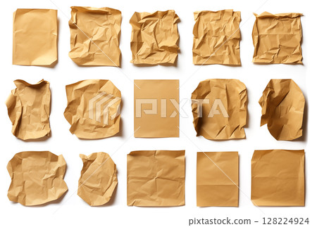 Collection real brown paper torn or ripped pieces of paper on white background 128224924