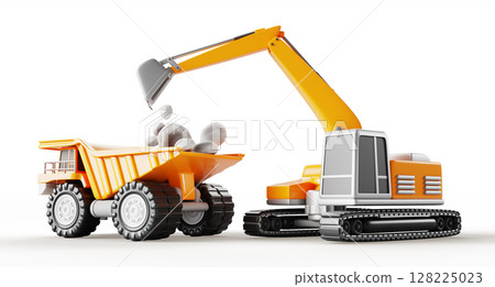 3d mining industry, construction site set with excavator loading stones or gravel on dump truck. Heavy industrial machinery isolated on white background. Render work process in quarry. 3D illustration 128225023