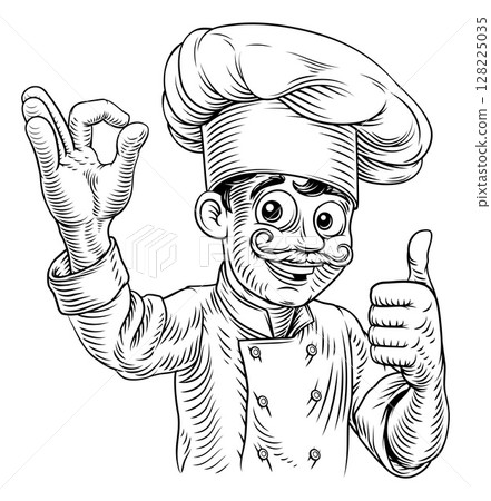 Smiling Chef Baker Cook Woodcut Vintage Drawing 128225035