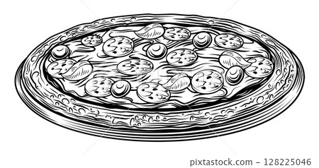 Vintage Woodcut Style Pizza with Toppings Artwork 128225046