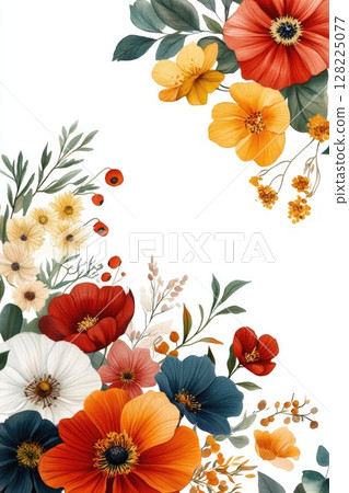 Colorful watercolor floral arrangement creating a vibrant border on white background 128225077