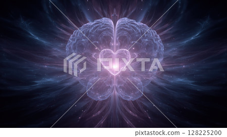 Glowing brain and heart in balance, conceptual image with ethereal light, symbolizing harmony, emotion, and intelligence 128225200