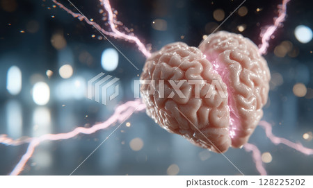 Brain heart glowing balance conceptual electricity surreal anatomy emotion science. glowing brain shaped like heart with electric energy 128225202
