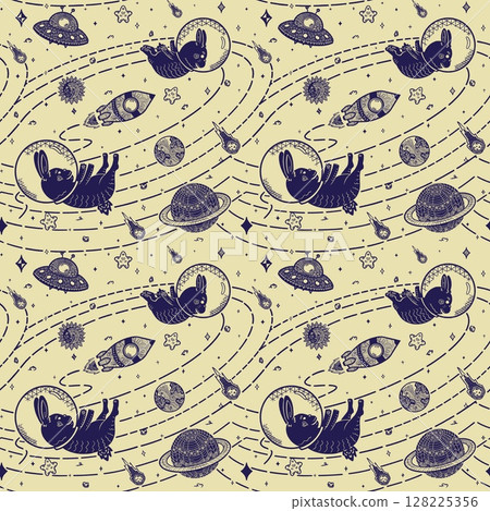Cute Space Bunny Seamless Pattern, Navy Line Art on Cream Background Cute Space Bunny Seamless Pattern, Navy Line Art on Cream Background 128225356