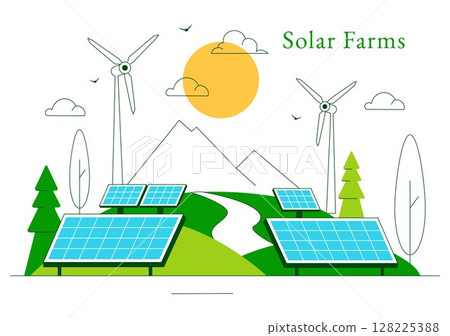 Solar Farms Vector Illustration Featuring Energy Storage Systems with Wind Power Turbines, Solar Panels, and Green Alternative Energy in a Background 128225388