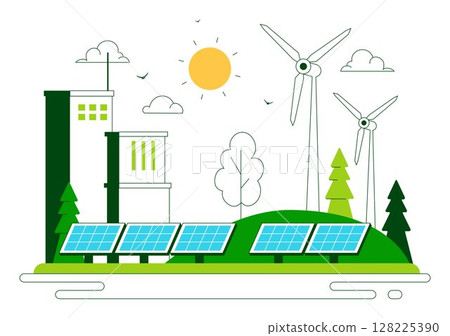 Solar Farms Vector Illustration Featuring Energy Storage Systems with Wind Power Turbines, Solar Panels, and Green Alternative Energy in a Background 128225390