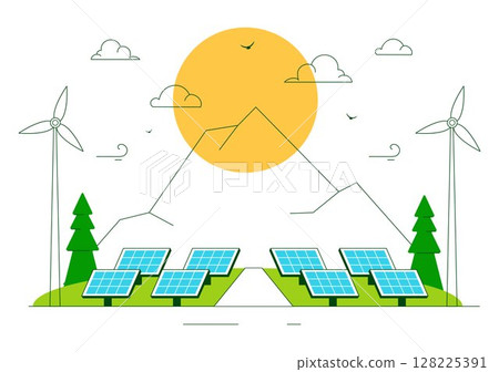 Solar Farms Vector Illustration Featuring Energy Storage Systems with Wind Power Turbines, Solar Panels, and Green Alternative Energy in a Background 128225391
