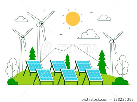 Solar Farms Vector Illustration Featuring Energy Storage Systems with Wind Power Turbines, Solar Panels, and Green Alternative Energy in a Background 128225392