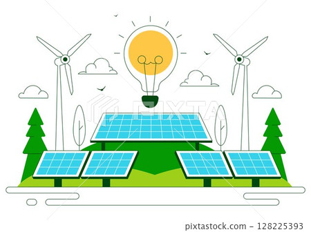 Solar Farms Vector Illustration Featuring Energy Storage Systems with Wind Power Turbines, Solar Panels, and Green Alternative Energy in a Background Solar Farms Vector Illustration Featuring Energy Storage Systems with Wind Power Turbines, Solar Panels, and Green Alternative Energy in a Background 128225393