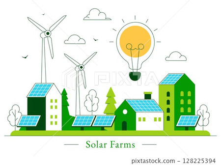 Solar Farms Vector Illustration Featuring Energy Storage Systems with Wind Power Turbines, Solar Panels, and Green Alternative Energy in a Background 128225394