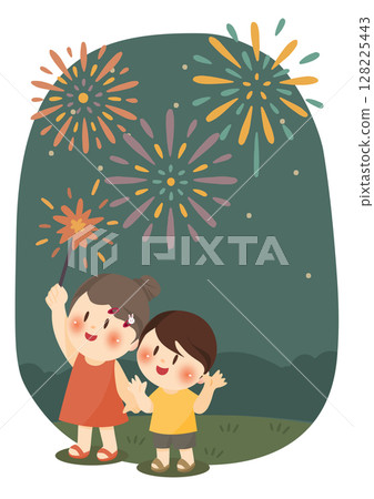 Children enjoying a summer night, Summer Fireworks Fun for Kids 128225443