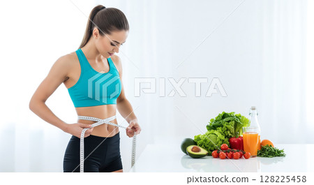 A healthy woman holding a measuring tape around her waist. The concept of fitness, body measurement, weight management, and a healthy lifestyle. Generative AI. 128225458