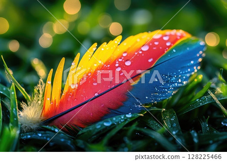 Colorful macaw feather resting on grass with water droplets 128225466