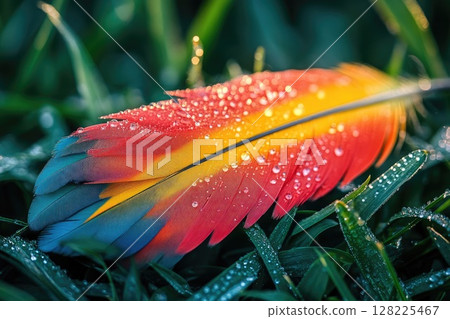 Colorful macaw feather resting on grass with water droplets 128225467