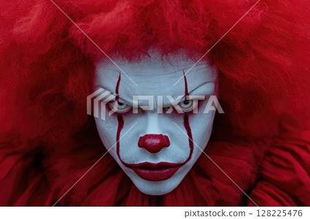 Scary clown looking menacing with red hair and white eyes 128225476