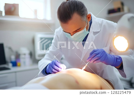 Surgeon performing a skin surgery with surgical instruments Surgeon performing a skin surgery with surgical instruments 128225479