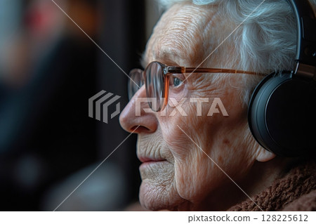Elderly woman enjoying music with wireless headphones: profile portrait of peaceful senior listening 128225612