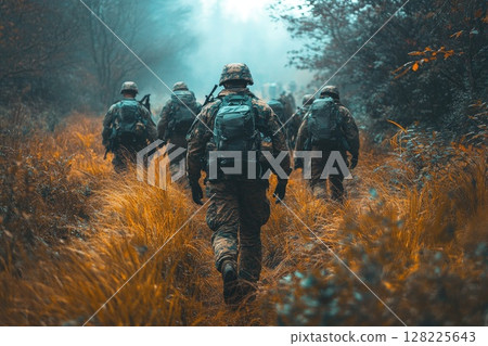 Soldiers walking in tall grass during a military operation 128225643