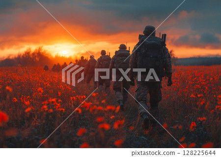 Soldiers walking through poppy field at sunset during military operation Soldiers walking through poppy field at sunset during military operation 128225644