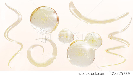 3d set of gold liquid serum drops with oil bubbles, collagen gel wavy smear, yellow clear circle stroke vitamin essence, spiral flow of cosmetic beauty product for skin and hair care. 3D illustration 128225729