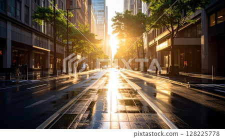 A street lit by sunlight on a morning after the rain A street lit by sunlight on a morning after the rain 128225778