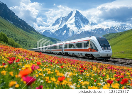 Modern high-speed train traveling through scenic mountain landscape with blooming wildflowers 128225827