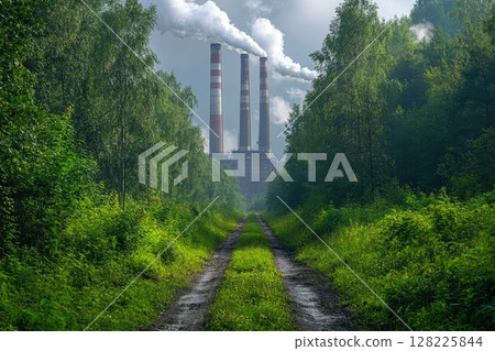 Power plant emitting smoke into atmosphere behind green forest 128225844
