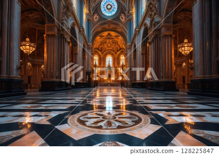 Majestic cathedral interior shining with golden light and marble floor Majestic cathedral interior shining with golden light and marble floor 128225847
