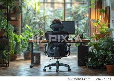Programmer working from home in his biophilic office surrounded by plants 128225861