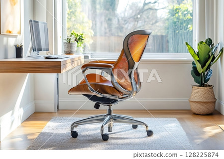 Modern office chair sitting in home office with desk and window view 128225874