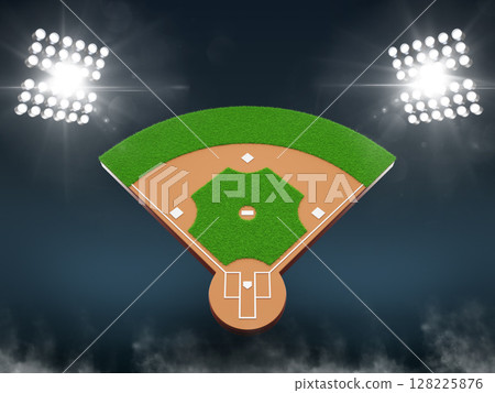 3d baseball field stadium at night with floodlights. Diamond shaped infield with home bases, foul lines, green grass, spotlights. Empty sports arena for american league championship. 3D illustration 128225876