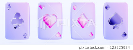3d holographic glass morphism playing cards for poker or board games. Casino cards four suits - hearts, diamonds, clubs, spades with purple and pink gradient, isolated render icon set. 3D illustration 128225924