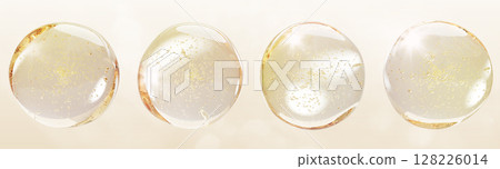 3d gold liquid oil vitamin drops with air bubbles. Serum, collagen gel or essence droplets. Cosmetic yellow transparent balls of hyaluronic acid, beauty product for skin and hair care. 3D illustration 128226014