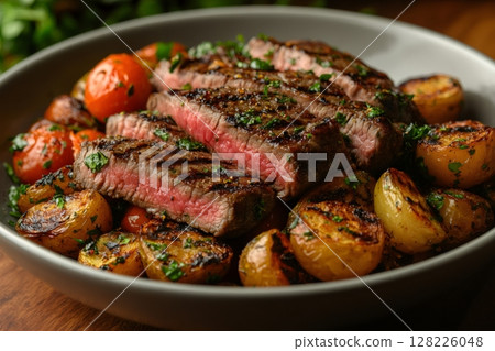 Sliced grilled steak resting on roasted potatoes and cherry tomatoes 128226048