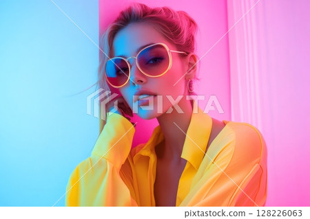 Fashion model posing with sunglasses and yellow shirt under colorful lights 128226063