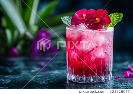 Refreshing pink cocktail decorated with flowers and mint on dark background 128226075