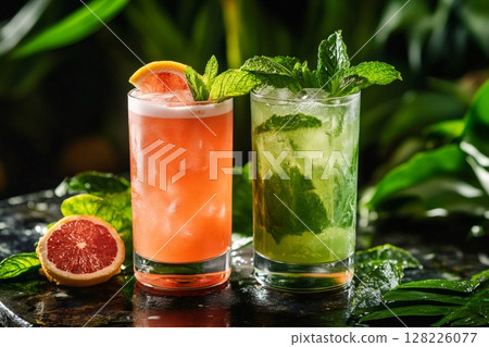 Refreshing summer cocktails with grapefruit and mint on tropical background 128226077