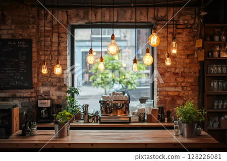 Empty trendy cafe interior with hanging light bulbs and coffee machine Empty trendy cafe interior with hanging light bulbs and coffee machine 128226081