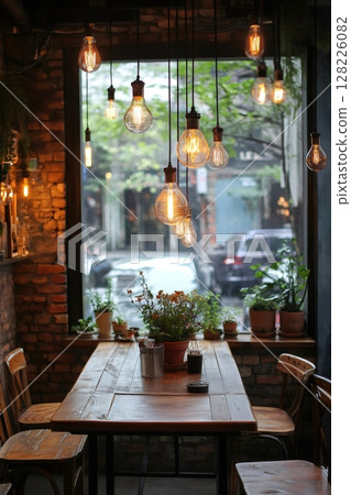 Hanging edison bulbs illuminating cozy cafe interior with rustic table Hanging edison bulbs illuminating cozy cafe interior with rustic table 128226082