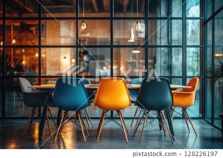 Empty chairs sitting around a table in a modern office meeting room Empty chairs sitting around a table in a modern office meeting room 128226197