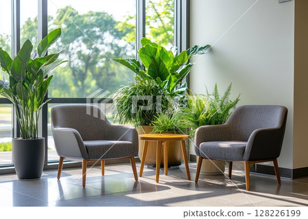 Modern office lobby interior design featuring comfortable seating and lush plants 128226199