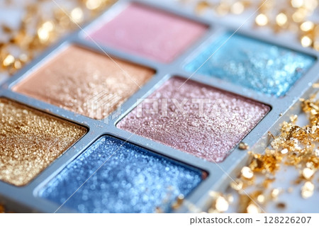 Palette of glittering eyeshadows showing metallic colors with gold flakes 128226207