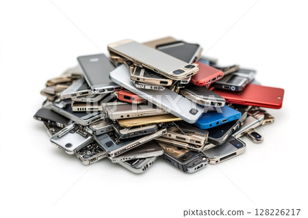 Pile of broken smartphones creating technological waste on white background Pile of broken smartphones creating technological waste on white background 128226217