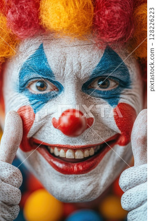 Happy clown showing thumbs up with red wig and colorful makeup 128226223