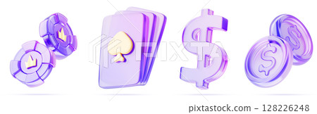3d set of glass morphism casino game ui icon render. Holographic transparent playing cards, neon poker chips with crown, dollar sign, money coins for online vegas, lucky win gambling. 3D illustration 128226248