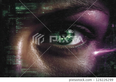 biometric iris scanner projecting holographic interface, scanning a glowing man eye. Worldcoin project 128226299