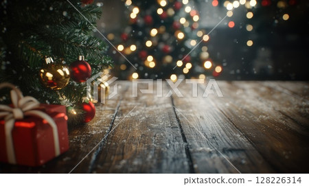 an empty wooden table with few gift boxes in the foreground, a Christmas tree decorated with red and golden balls, and Christmas lights on background 128226314