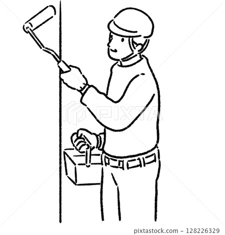 工人用滾筒粉刷牆壁_線條畫 128226329